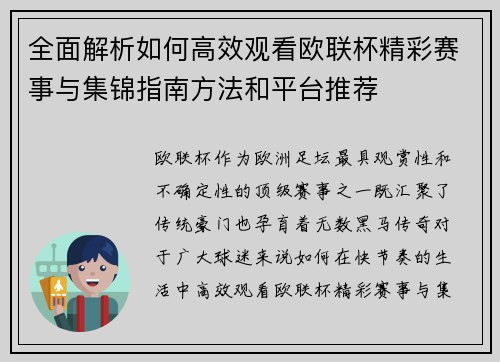 全面解析如何高效观看欧联杯精彩赛事与集锦指南方法和平台推荐